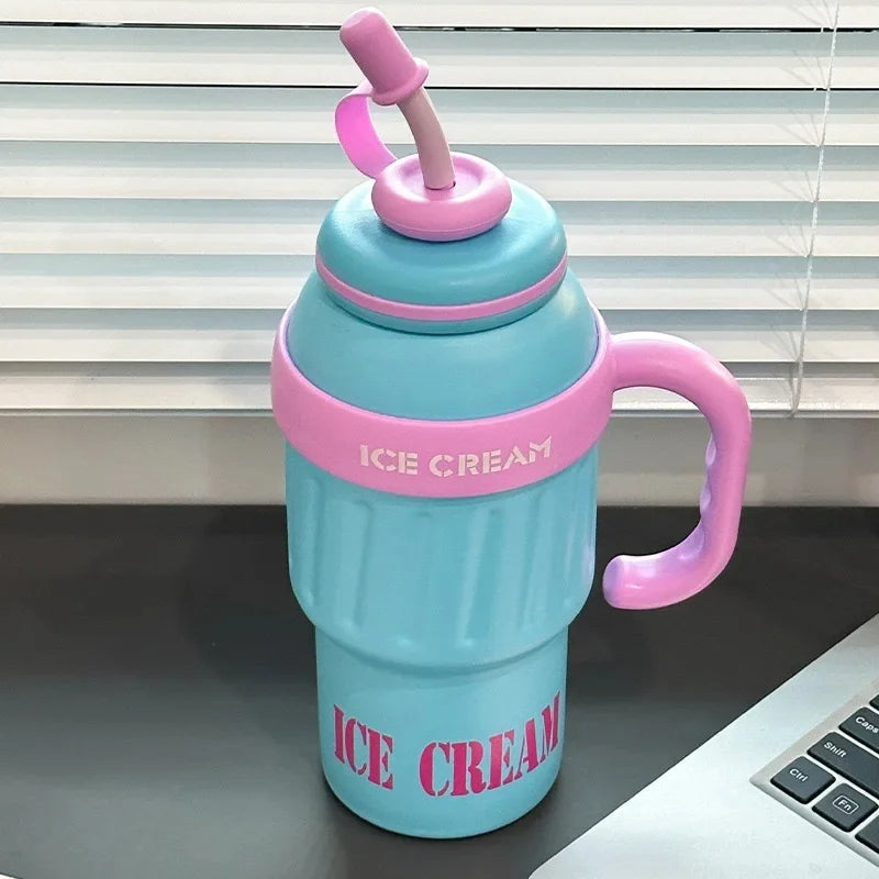 Ice Cream Shaped 1100ml  Stainless Steel Thumbler With Steel Straw
