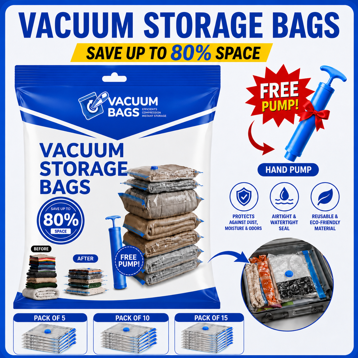 Travel Vac™ + Vacuum Storage Bags with Hand Pump 5pcs