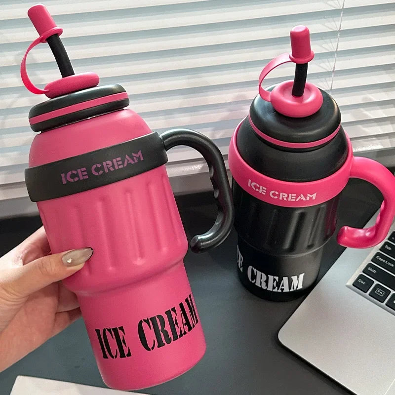 Ice Cream Shaped 1100ml  Stainless Steel Thumbler With Steel Straw